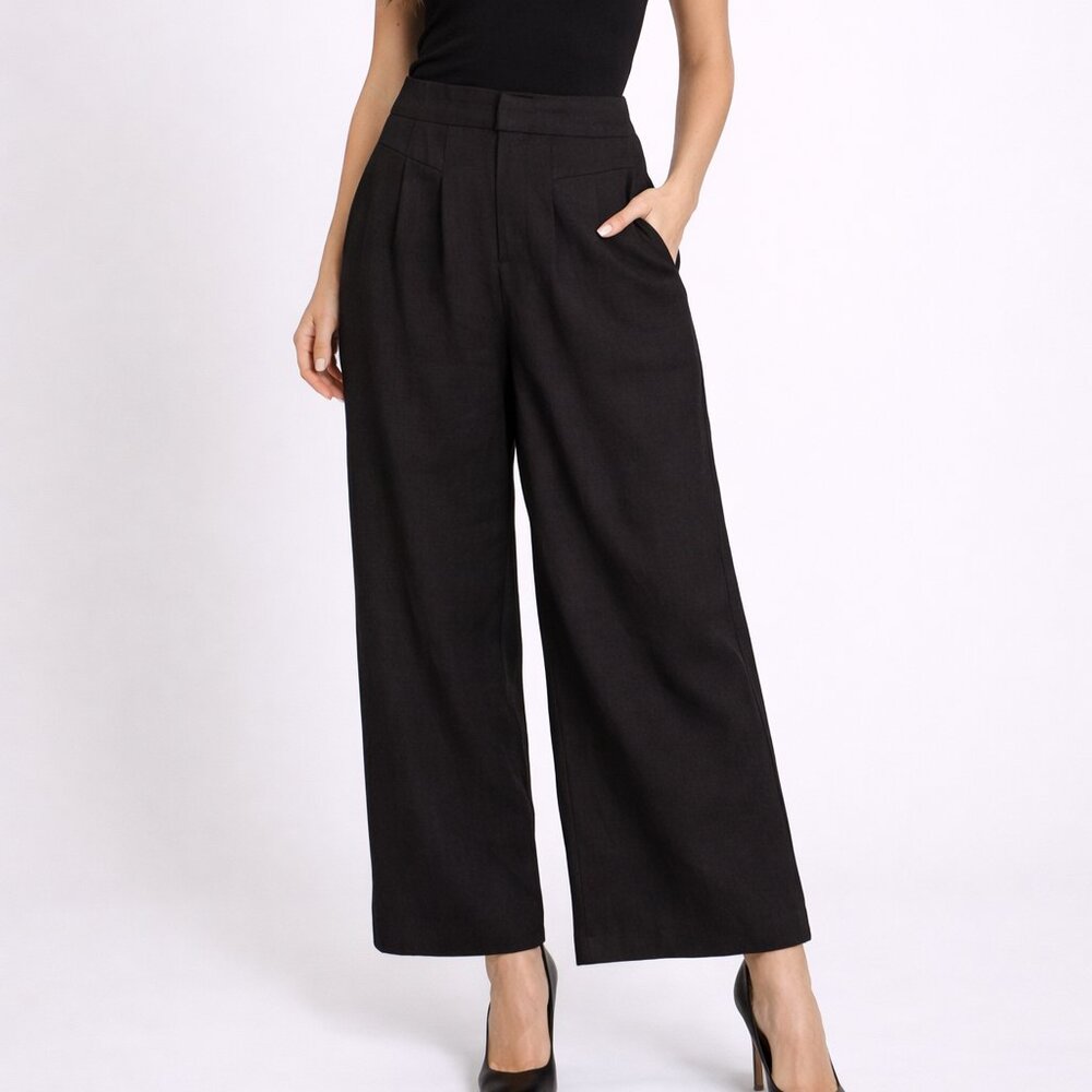 Wide Leg Black Trousers Large Linen Blend Pull On Office Work Pants